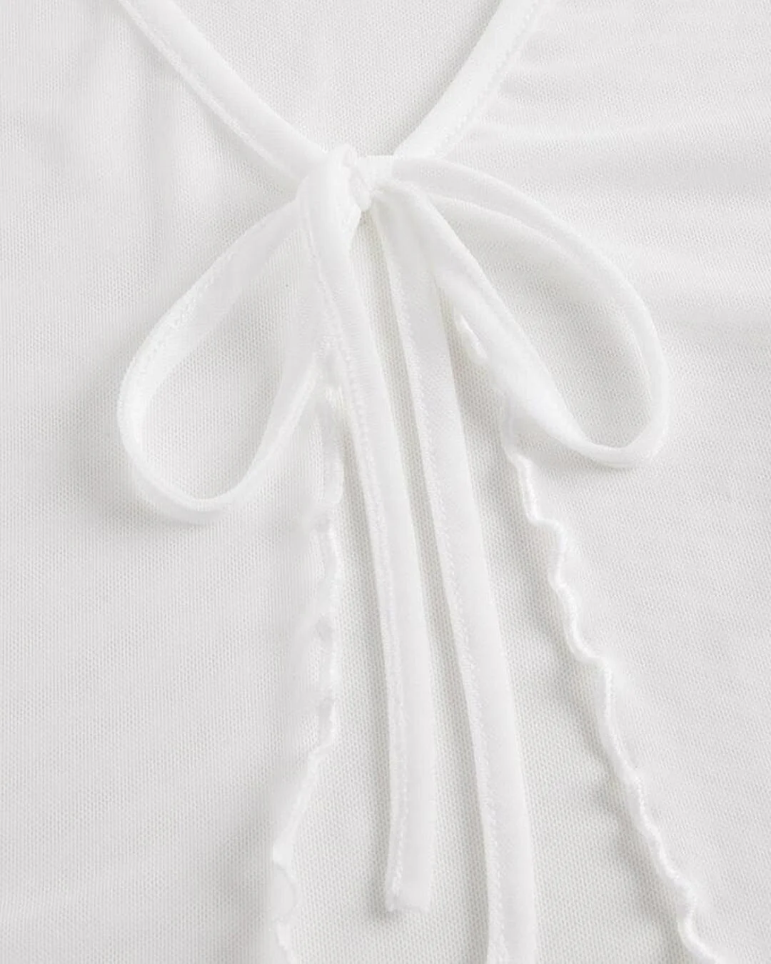 Y2K Cropped Tie Front Knot Shirred White Mesh Top - Image 4