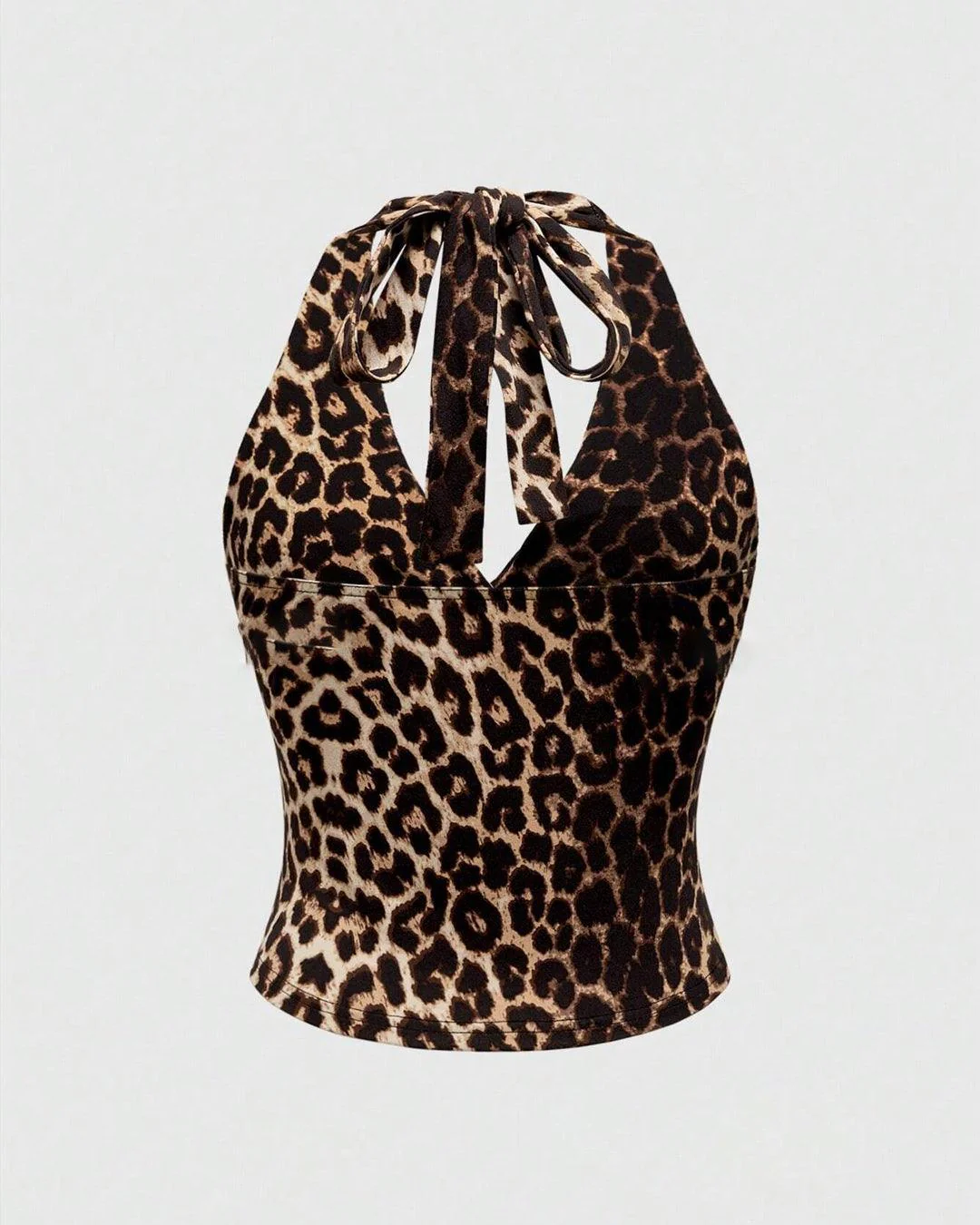 Halter Neck Leopard Print Ruched Stretch Sleeveless Top - Image 3