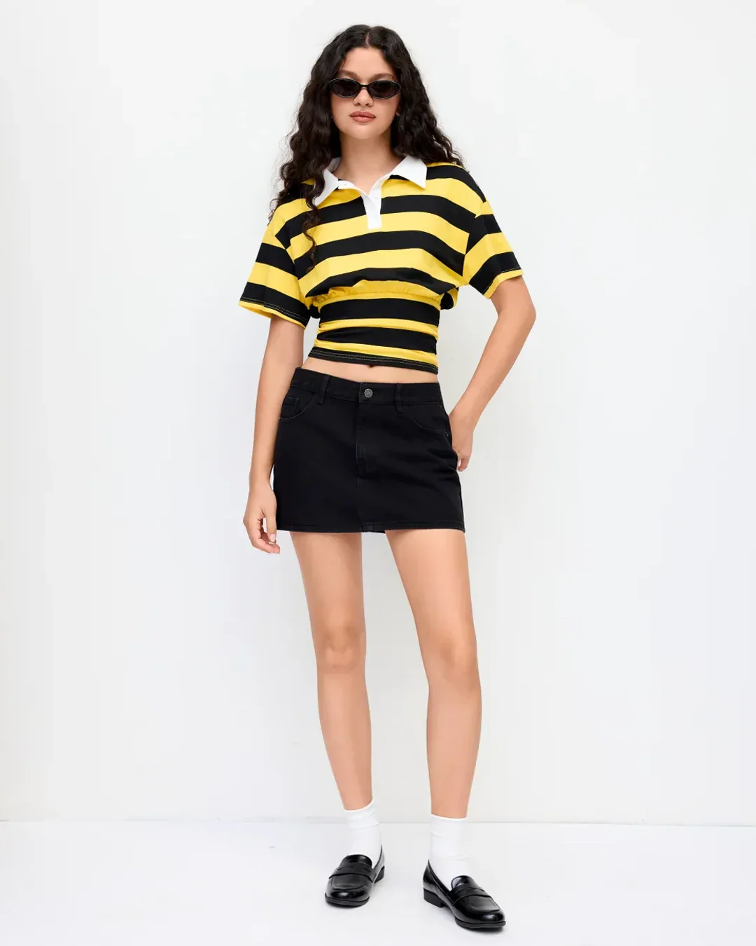 Yellow and Black Striped Cropped Collar T-Shirt - Image 3