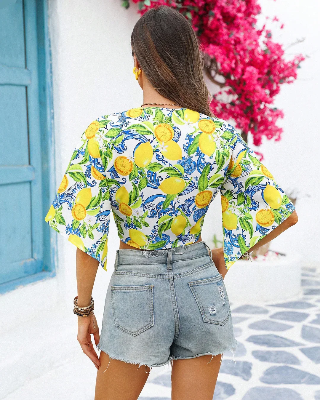 Yellow Floral Print Front Tie Bell Sleeve Top - Image 3
