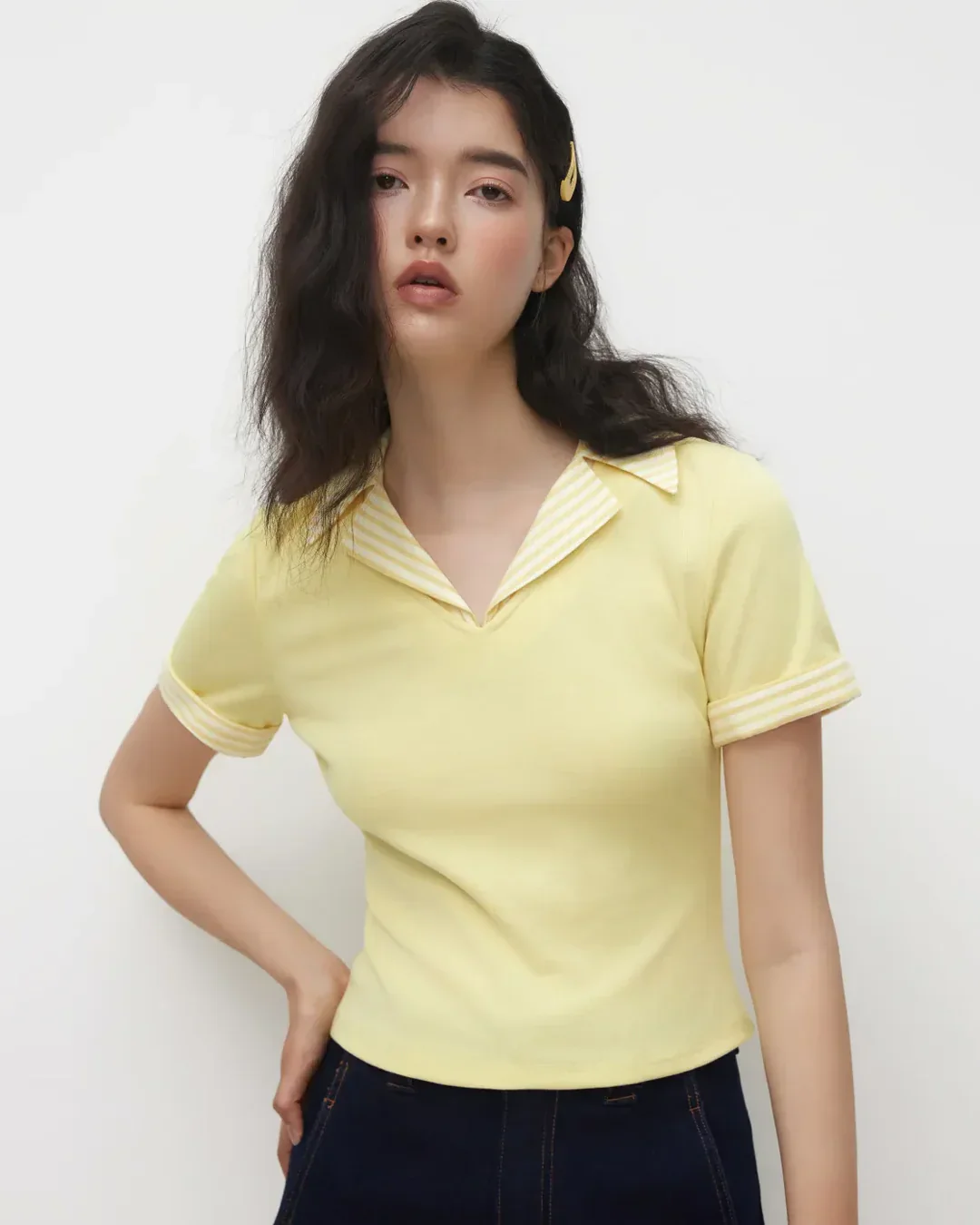 Collared Neck Stretch Short Sleeve Polo T Shirt in Yellow - Image 2