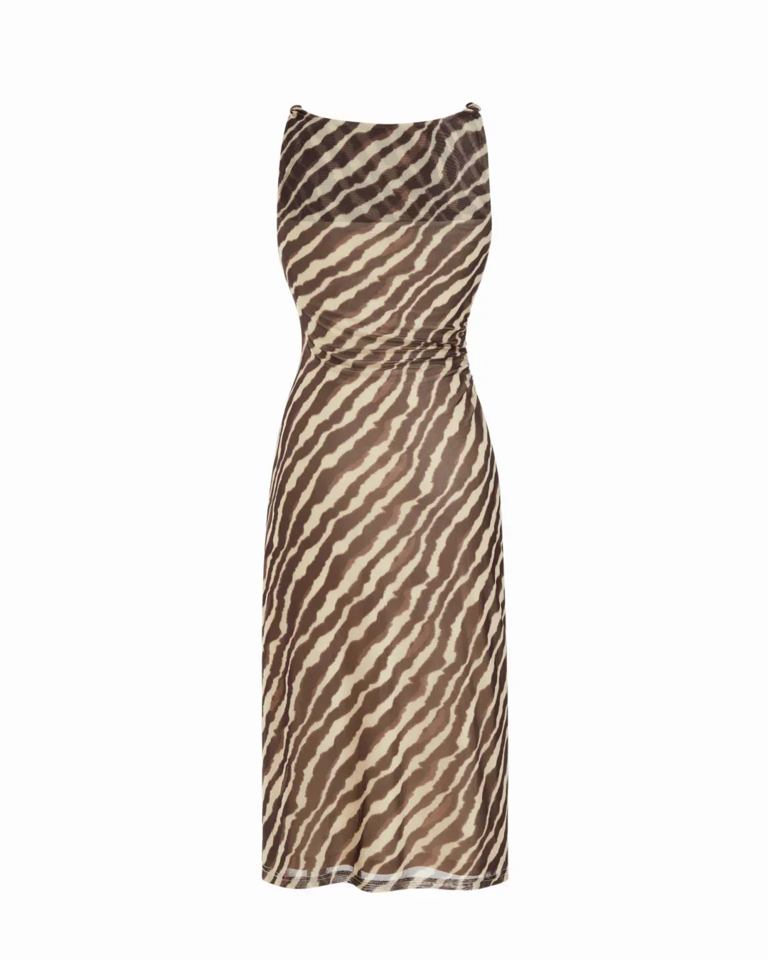 Zebra Stripe Mesh Boat Neck Twist Ruched Midi Dress - Image 2