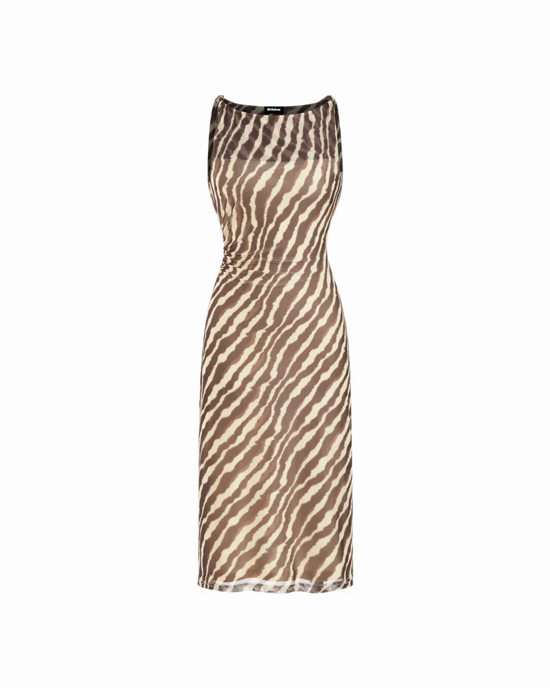 Zebra Stripe Mesh Boat Neck Twist Ruched Midi Dress - Image 3