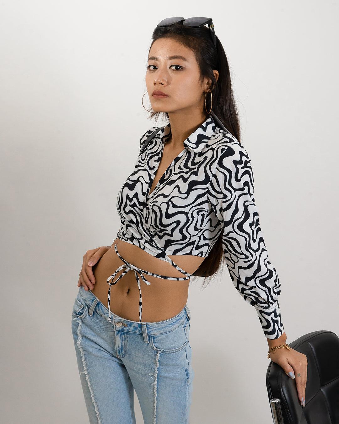 Zig zag print tie around full sleeve shirt - Image 2