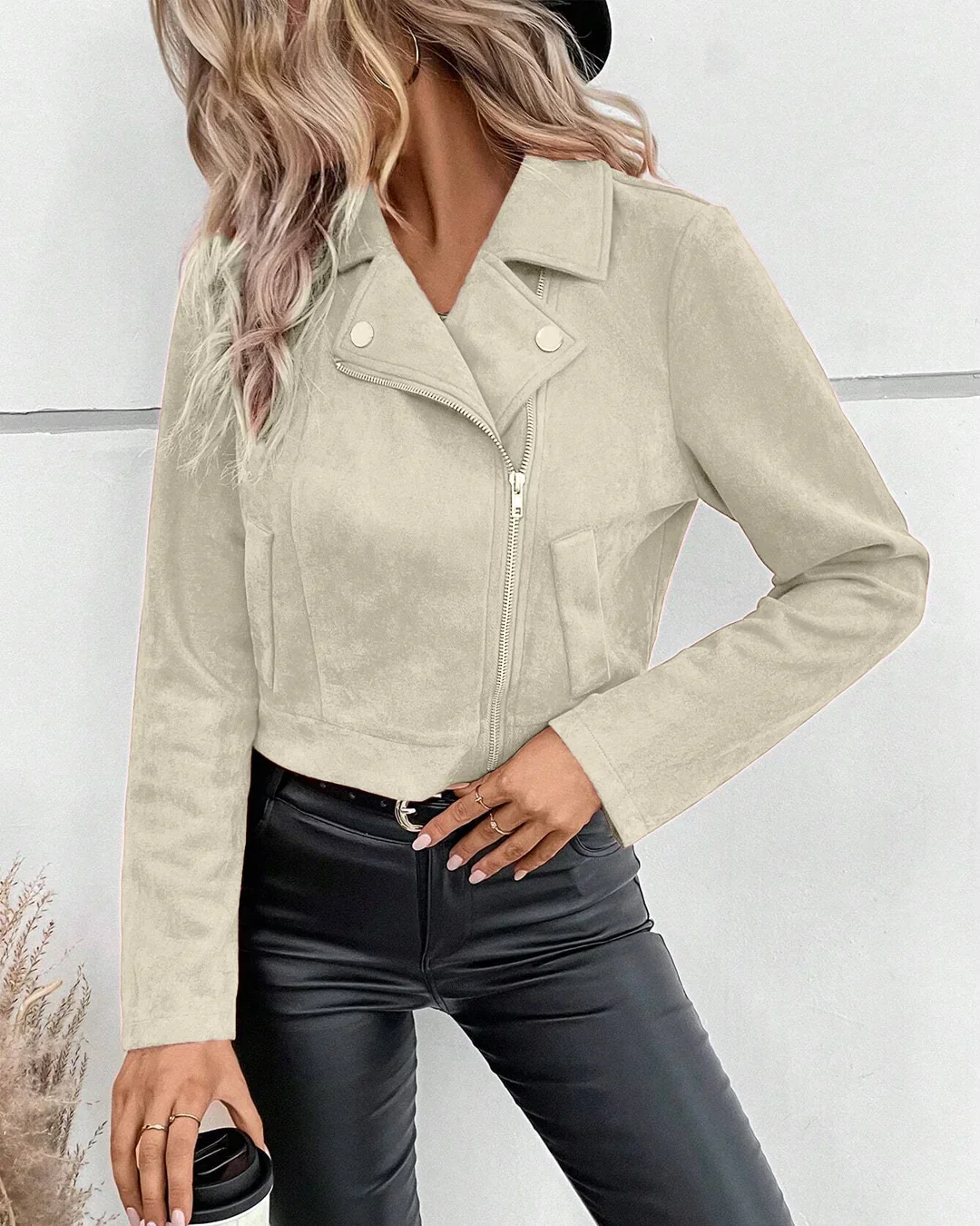 Zippered Lapel Waist Length Jacket in Beige - Image 2