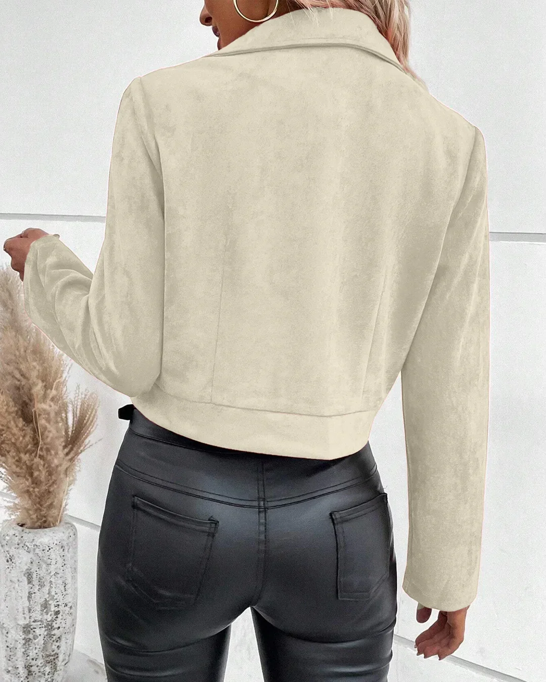 Zippered Lapel Waist Length Jacket in Beige - Image 3
