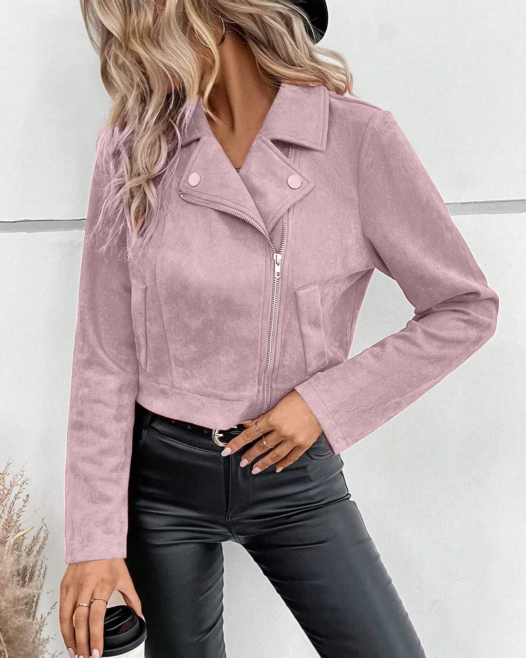 Zippered Lapel Waist Length Jacket in Dusty Pink - Image 3